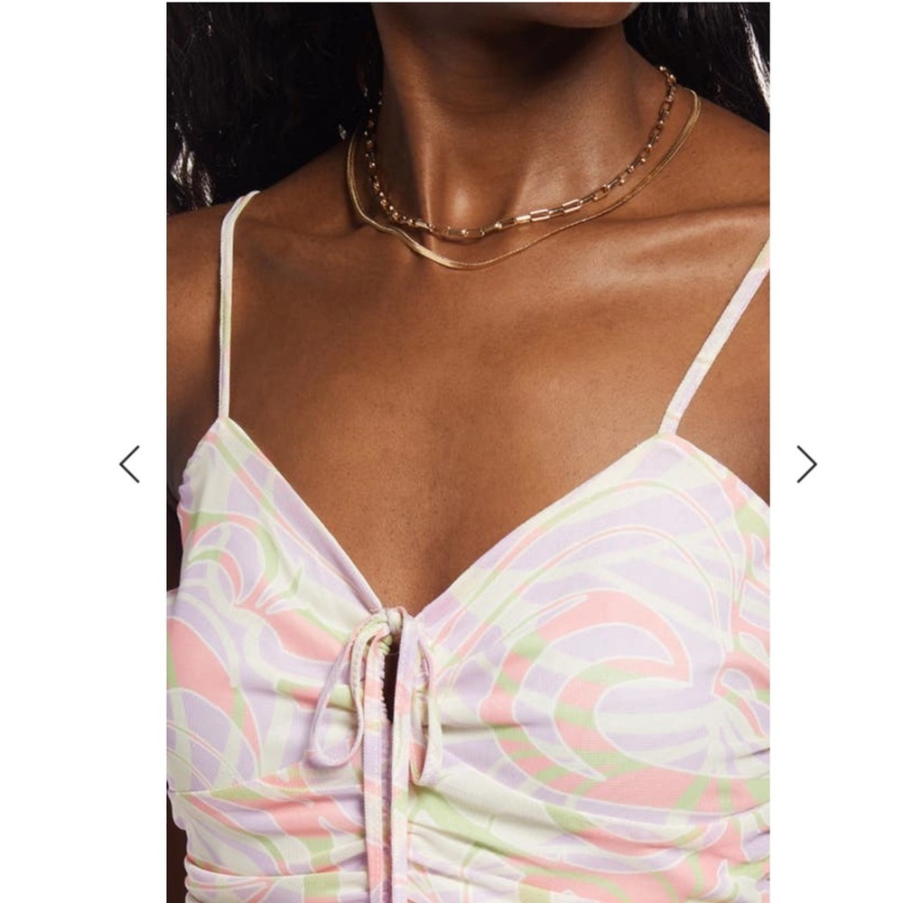 BP Ivory Multi Roxy Abstract Ruched Tie Front Slip Dress Small - Picture 3 of 11